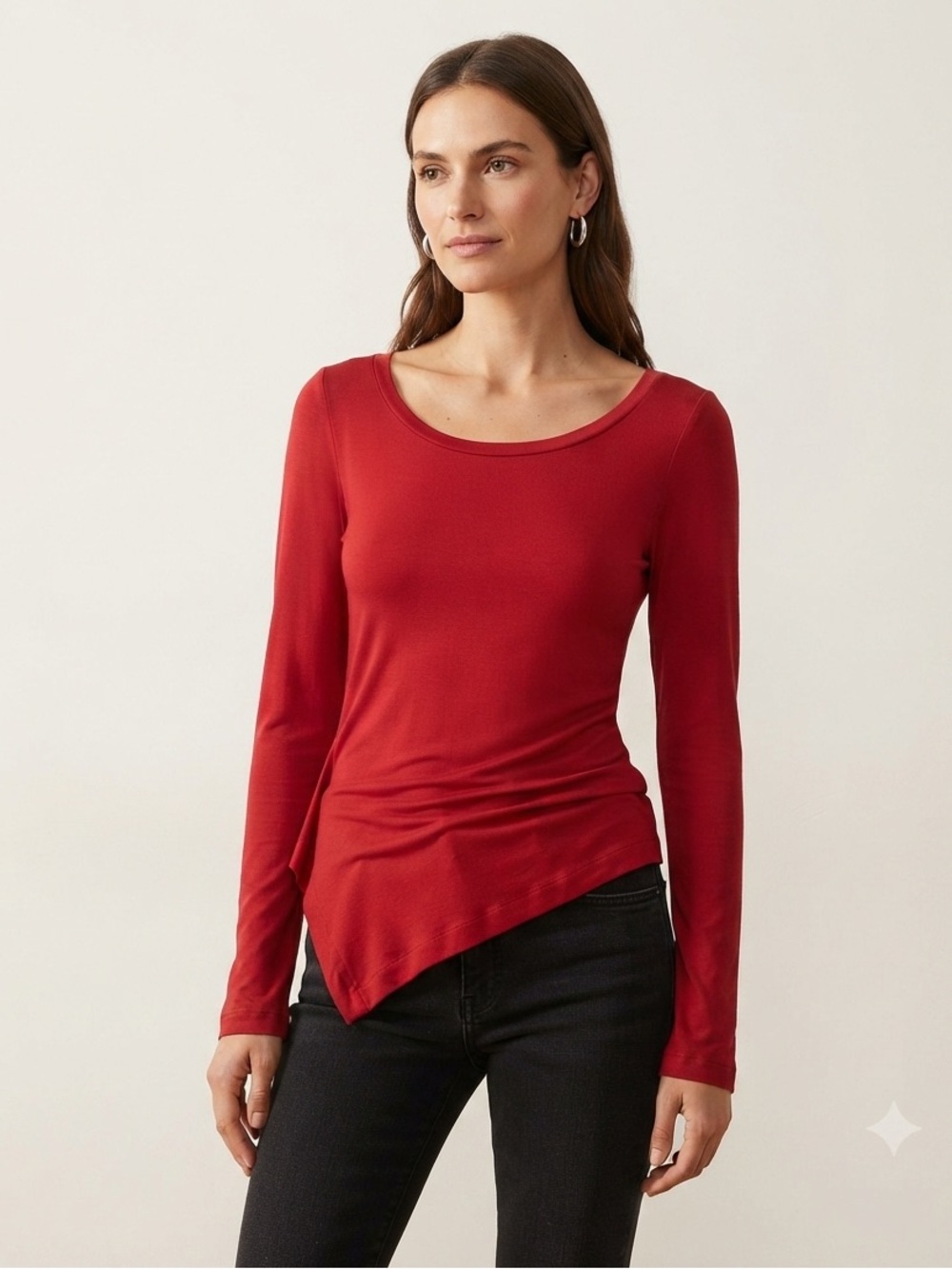 Alembika Red Asymmetrical Hem Long Sleeve Top Scoop Neck Lagenlook Avant Garde 2 - Picture 7 of 7